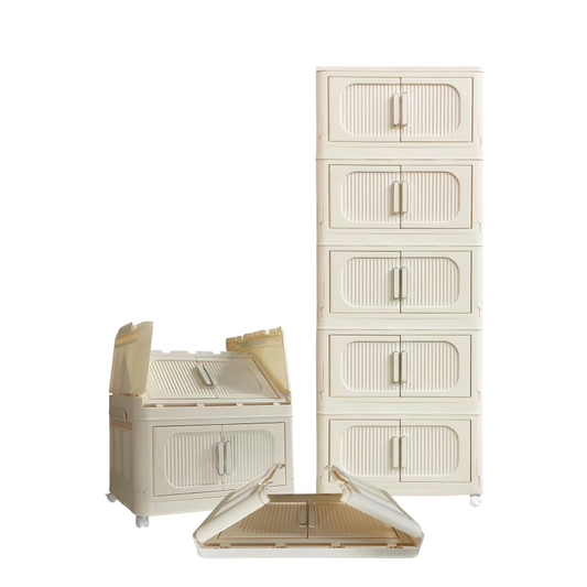 Cream White Folding Storage Cabinet on Wheels for Entryway