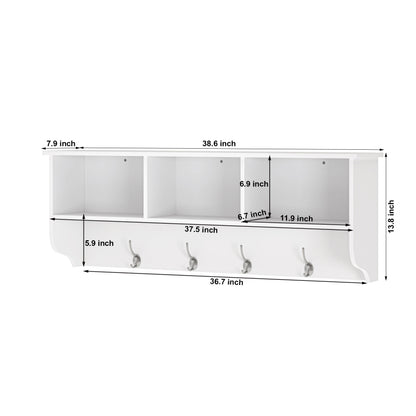 White Wall Coat Rack for Entryway, Shelf & 4 Dual Hooks