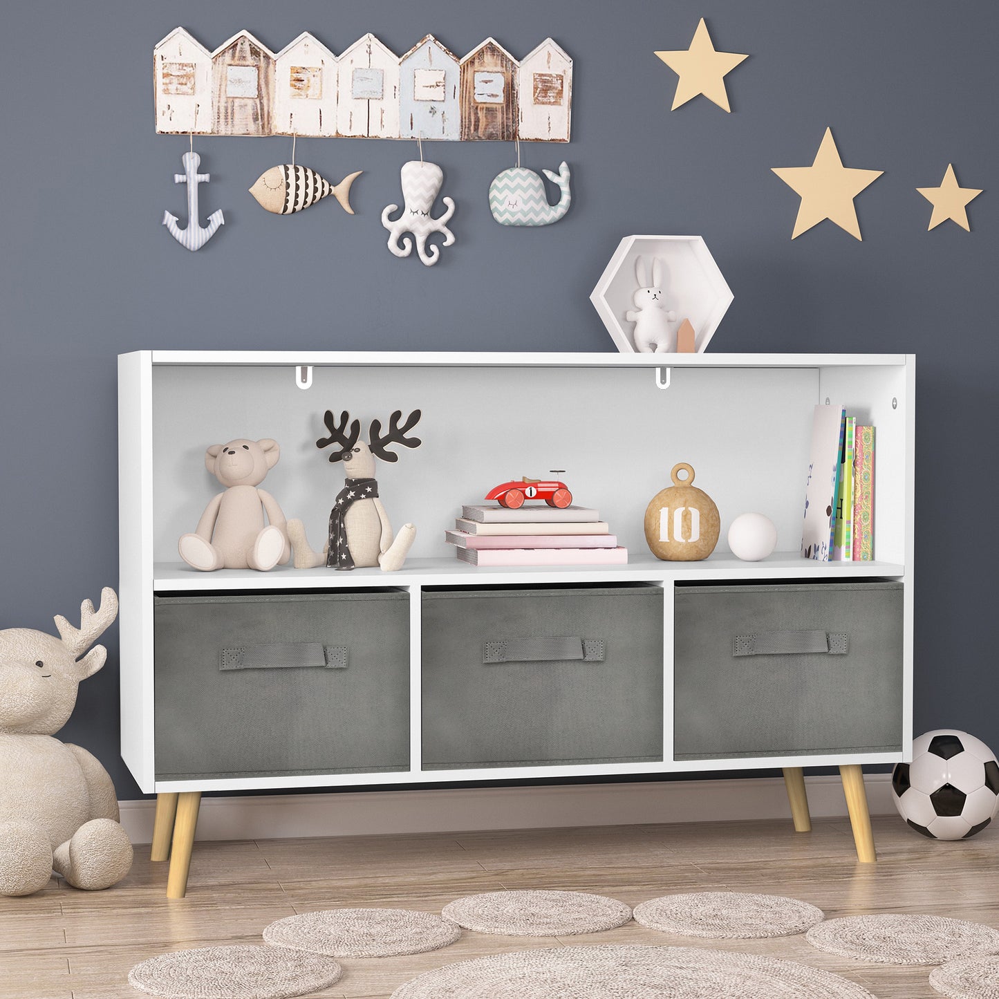 Modern Kids Bookcase for Playroom w/ Collapsible Fabric Bins