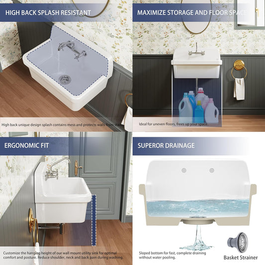 ELLAI Farmhouse Wall-Mount Laundry Sink, High-Back Ceramic