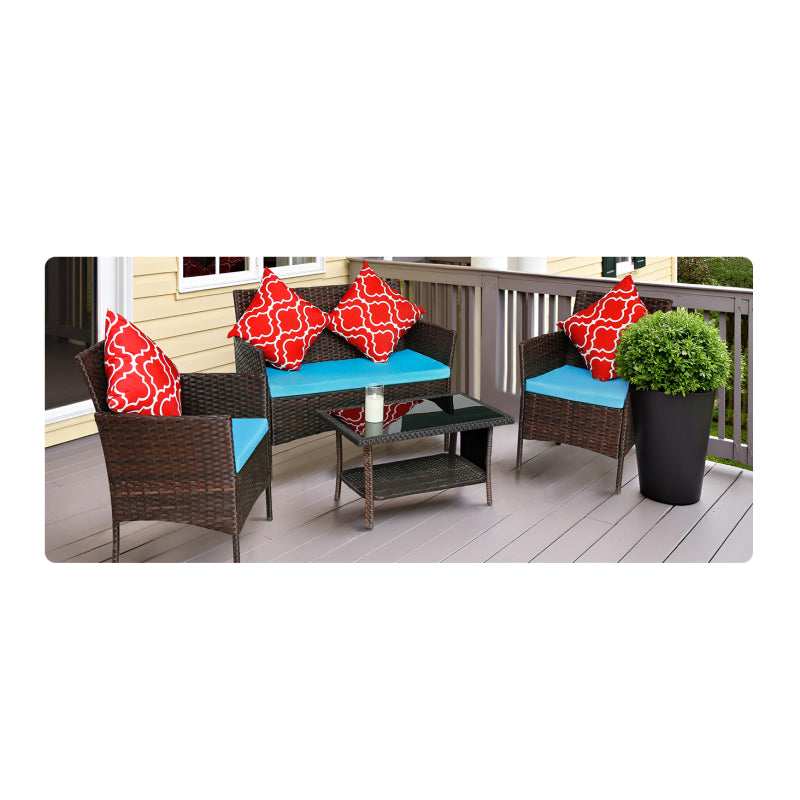 Modern Rattan 4-Piece Patio Sofa Set, Sapphire Blue Cushions