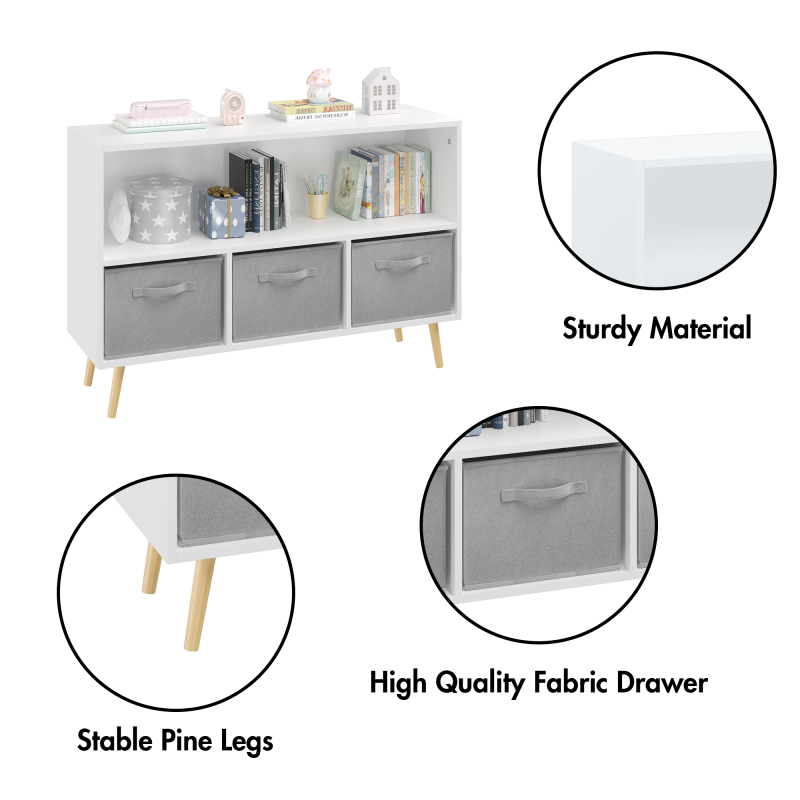 Modern Kids Bookcase for Playroom w/ Collapsible Fabric Bins