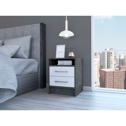 Eter Modern Bedside Table with 2 Drawers, Smokey Oak/White