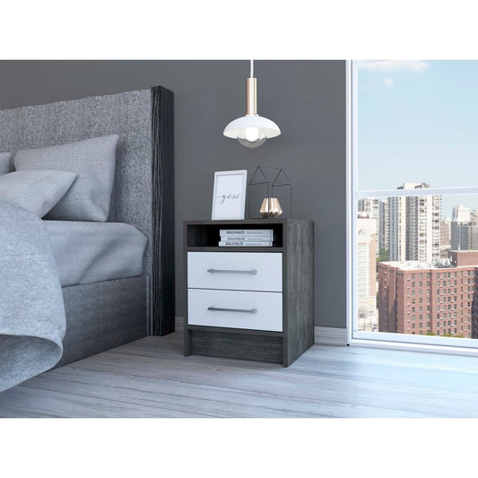 Eter Modern Bedside Table with 2 Drawers, Smokey Oak/White