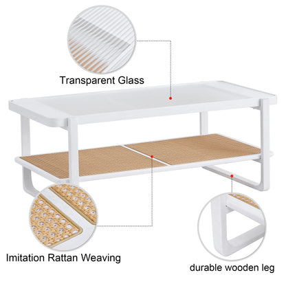 Modern White Coffee Table for Living Room, Glass Top, 2-Tier