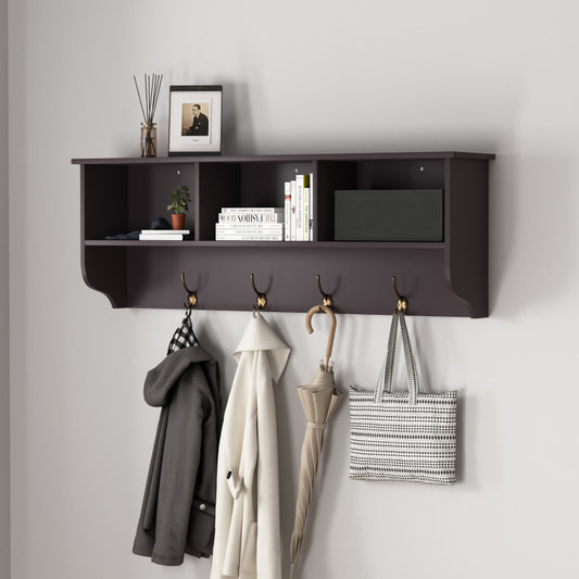 Espresso Wall-Mount Coat Rack Shelf, Entryway, 4 Dual Hooks