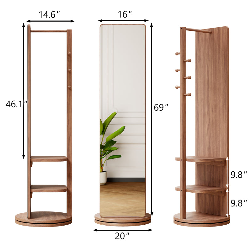 Solid Wood Walnut Floor Mirror for Entryway, 360° with Hooks