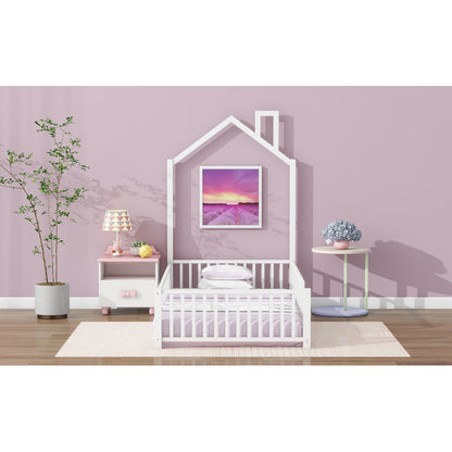 Playhouse Twin Metal Bed for Kids with Guardrail & Chimney