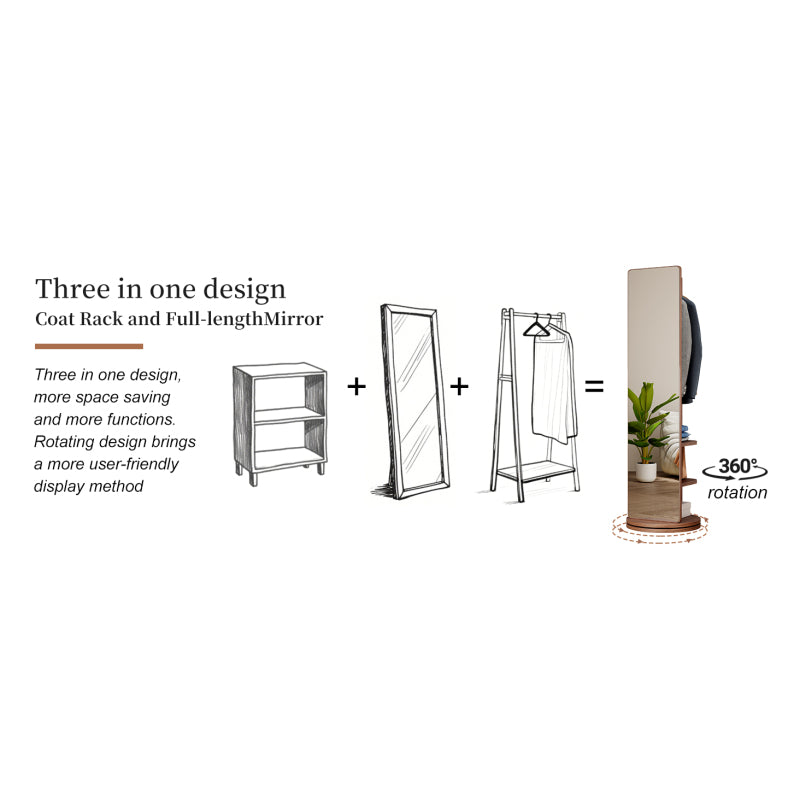 Solid Wood Walnut Floor Mirror for Entryway, 360° with Hooks