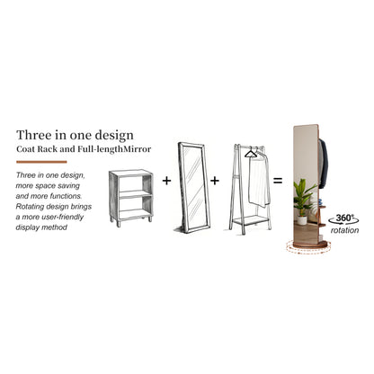 Solid Wood Walnut Floor Mirror for Entryway, 360° with Hooks