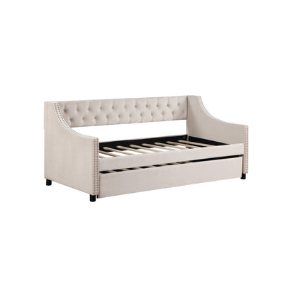 Classic Tufted Daybed w/ Trundle for Guest Room, Full, Beige