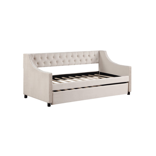 Classic Tufted Daybed w/ Trundle for Guest Room, Full, Beige