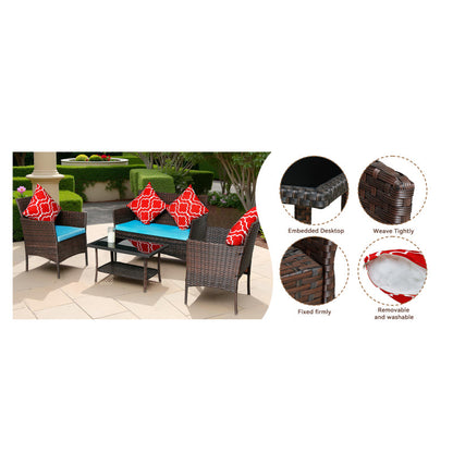 Modern Rattan 4-Piece Patio Sofa Set, Sapphire Blue Cushions