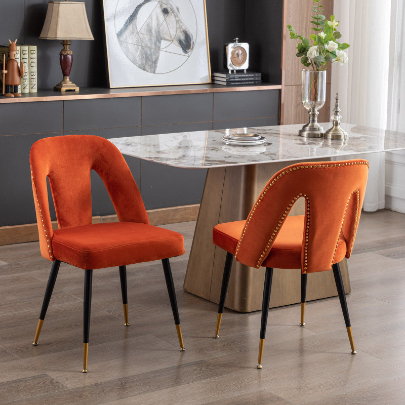 A&A Furniture,Akoya Collection Modern Contemporary Velvet Upholstered Dining Chair with Nailheads and Gold Tipped Black Metal Legs,Black,Set of 2