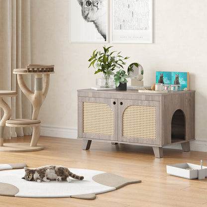 Boho Rattan Cat Litter Box Cabinet for Home, Flip-Top