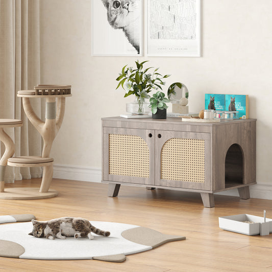 Boho Rattan Cat Litter Box Cabinet for Home, Flip-Top