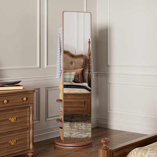 Solid Wood Walnut Floor Mirror for Entryway, 360° with Hooks