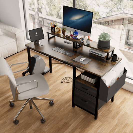 Rustic Brown Computer Desk for Home Office with Outlets