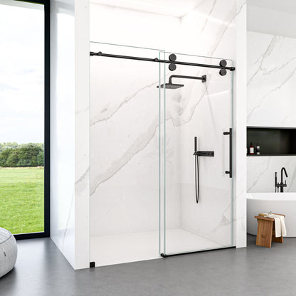 56"-60"W x 72"H Frameless Single Sliding Shower Door _ 5/16" (8mm) Clear Tempered Glass, Bypass Design with Matte Black Finish