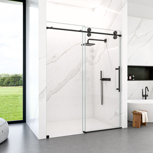 56"-60"W x 72"H Frameless Single Sliding Shower Door _ 5/16" (8mm) Clear Tempered Glass, Bypass Design with Matte Black Finish