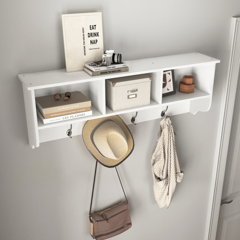 White Wall Coat Rack for Entryway, Shelf & 4 Dual Hooks