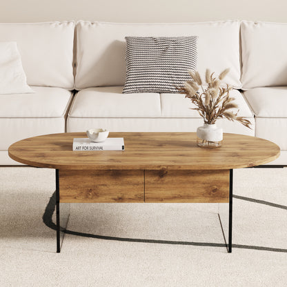Natural Oval Coffee Table, Living Room, Glass Sides, Drawers