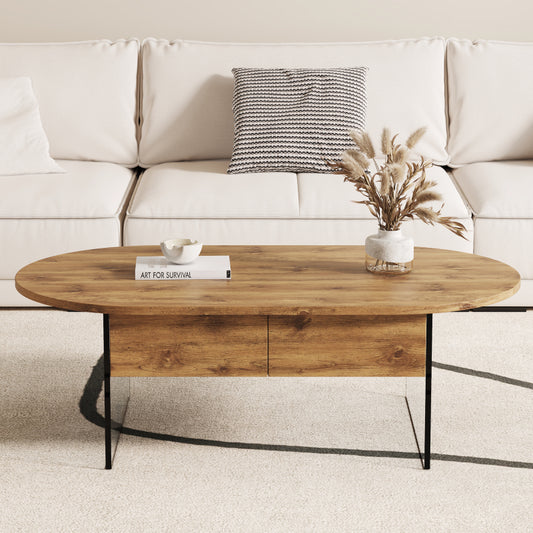 Natural Oval Coffee Table, Living Room, Glass Sides, Drawers