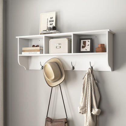 White Wall Coat Rack for Entryway, Shelf & 4 Dual Hooks