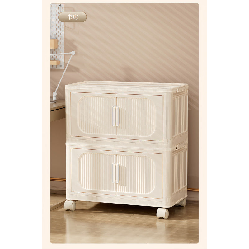 Cream White Folding Storage Cabinet on Wheels for Entryway