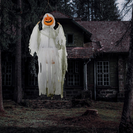 HOMCOM Spooky Hanging Pumpkin Ghost Outdoor Light & Sound