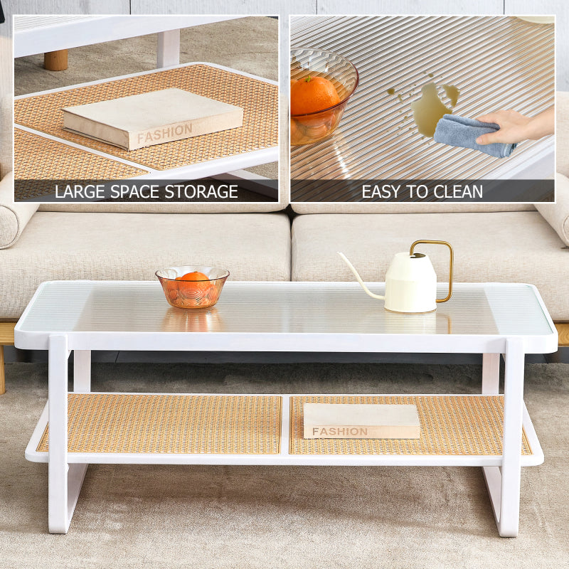 Modern White Coffee Table for Living Room, Glass Top, 2-Tier