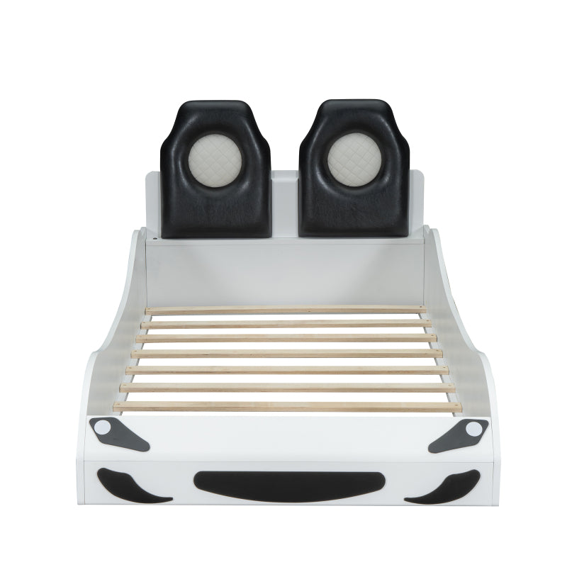 Race Car Twin Platform Bed for Kids, LED & Padded Headboard