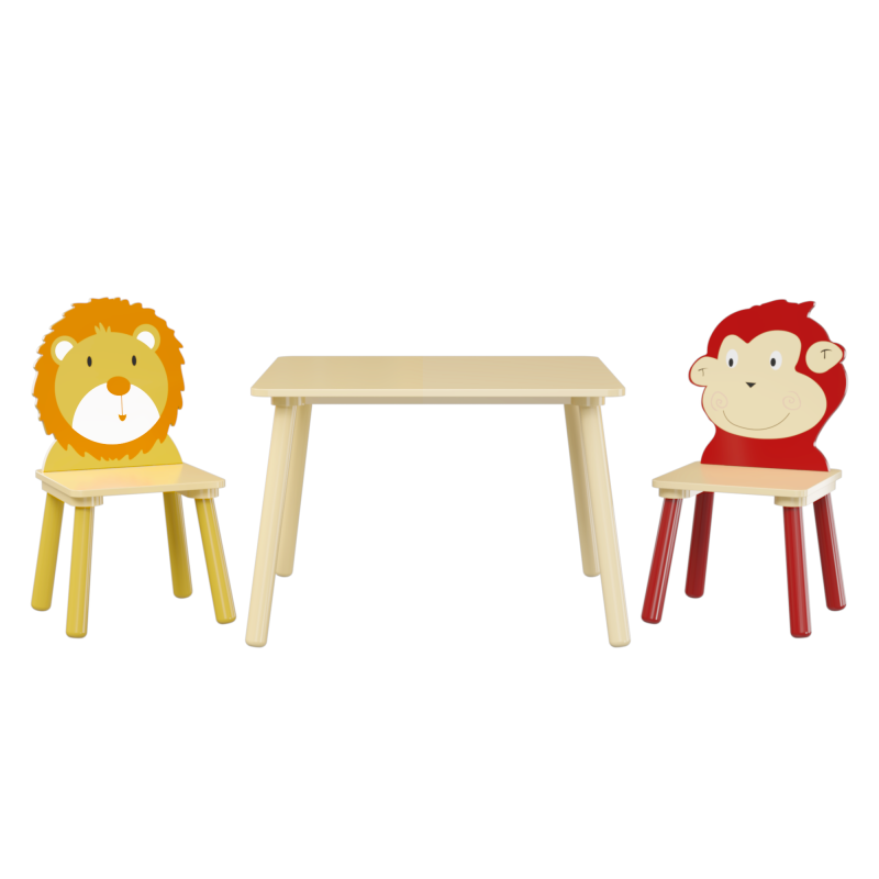 Wooden Kids Table & 2 Chairs for Playroom, Lion & Monkey
