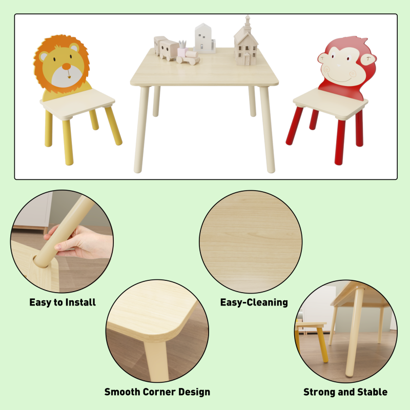 Wooden Kids Table & 2 Chairs for Playroom, Lion & Monkey