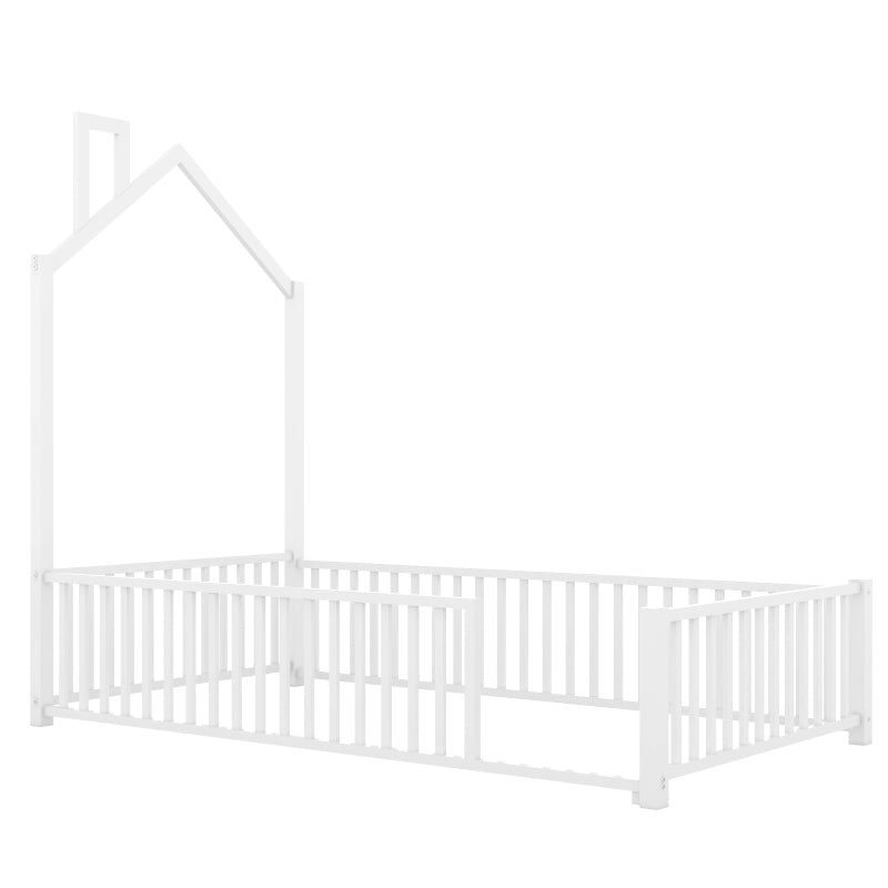 Playhouse Twin Metal Bed for Kids with Guardrail & Chimney