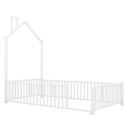 Playhouse Twin Metal Bed for Kids with Guardrail & Chimney