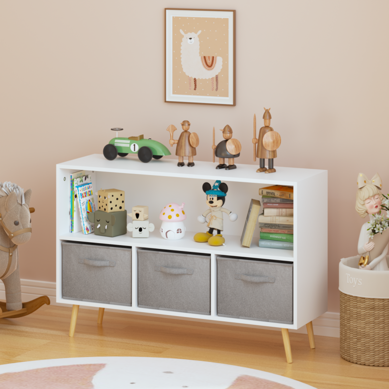 Modern Kids Bookcase for Playroom w/ Collapsible Fabric Bins