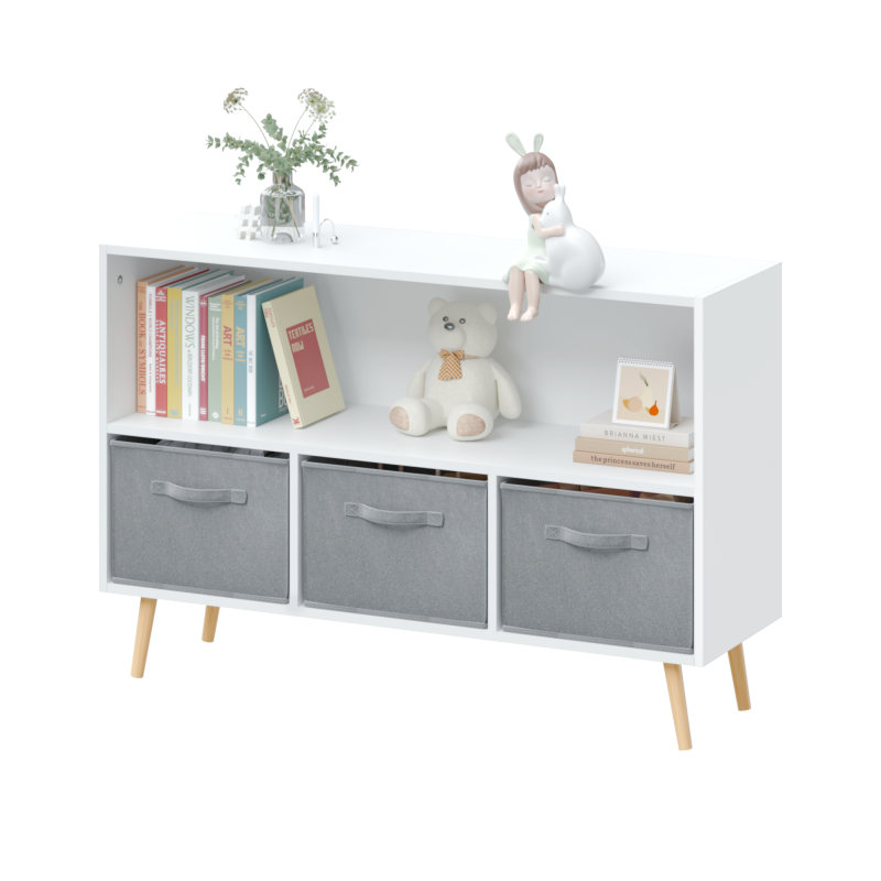 Modern Kids Bookcase for Playroom w/ Collapsible Fabric Bins
