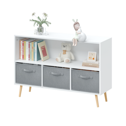 Modern Kids Bookcase for Playroom w/ Collapsible Fabric Bins