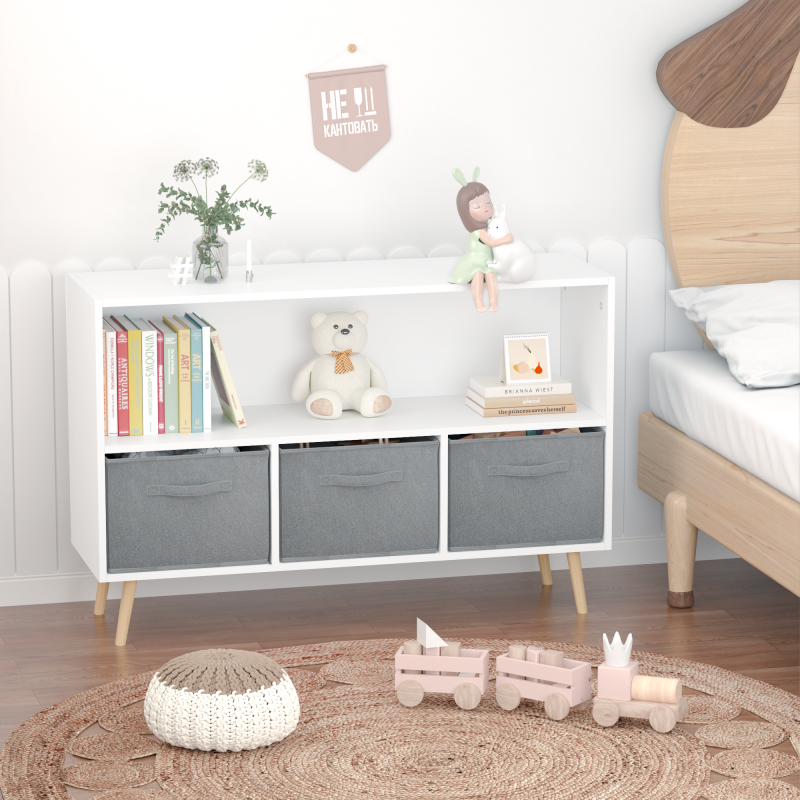 Modern Kids Bookcase for Playroom w/ Collapsible Fabric Bins