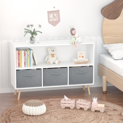 Modern Kids Bookcase for Playroom w/ Collapsible Fabric Bins