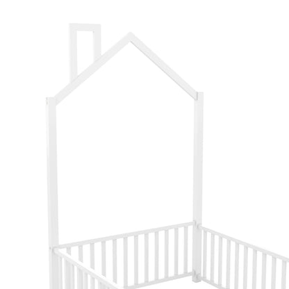 Playhouse Twin Metal Bed for Kids with Guardrail & Chimney