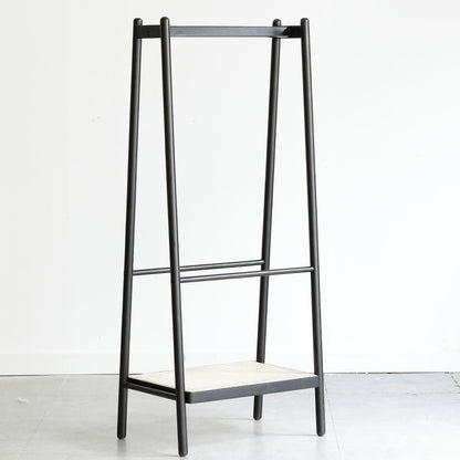 Boho Solid Oak Garment Rack for Entryway, Rattan Shelves