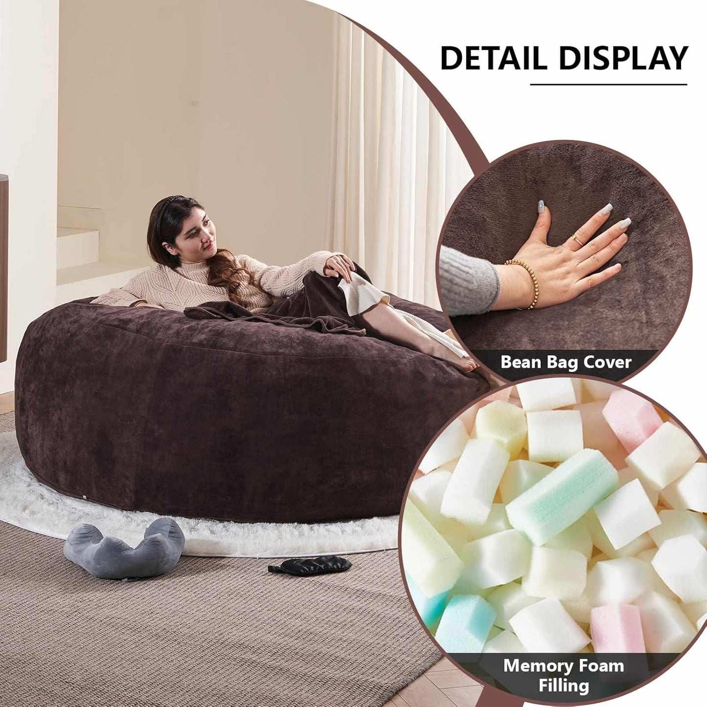 Oversized Bean Bag Chairs for Adults,Giant Bean Bag with Stuffing,Memory Sponge Sofa,Easy to Clean Soft Flannel Fabric, Suitable for Lounge Chairs in Living Room and Bedroom