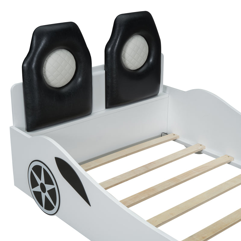 Race Car Twin Platform Bed for Kids, LED & Padded Headboard
