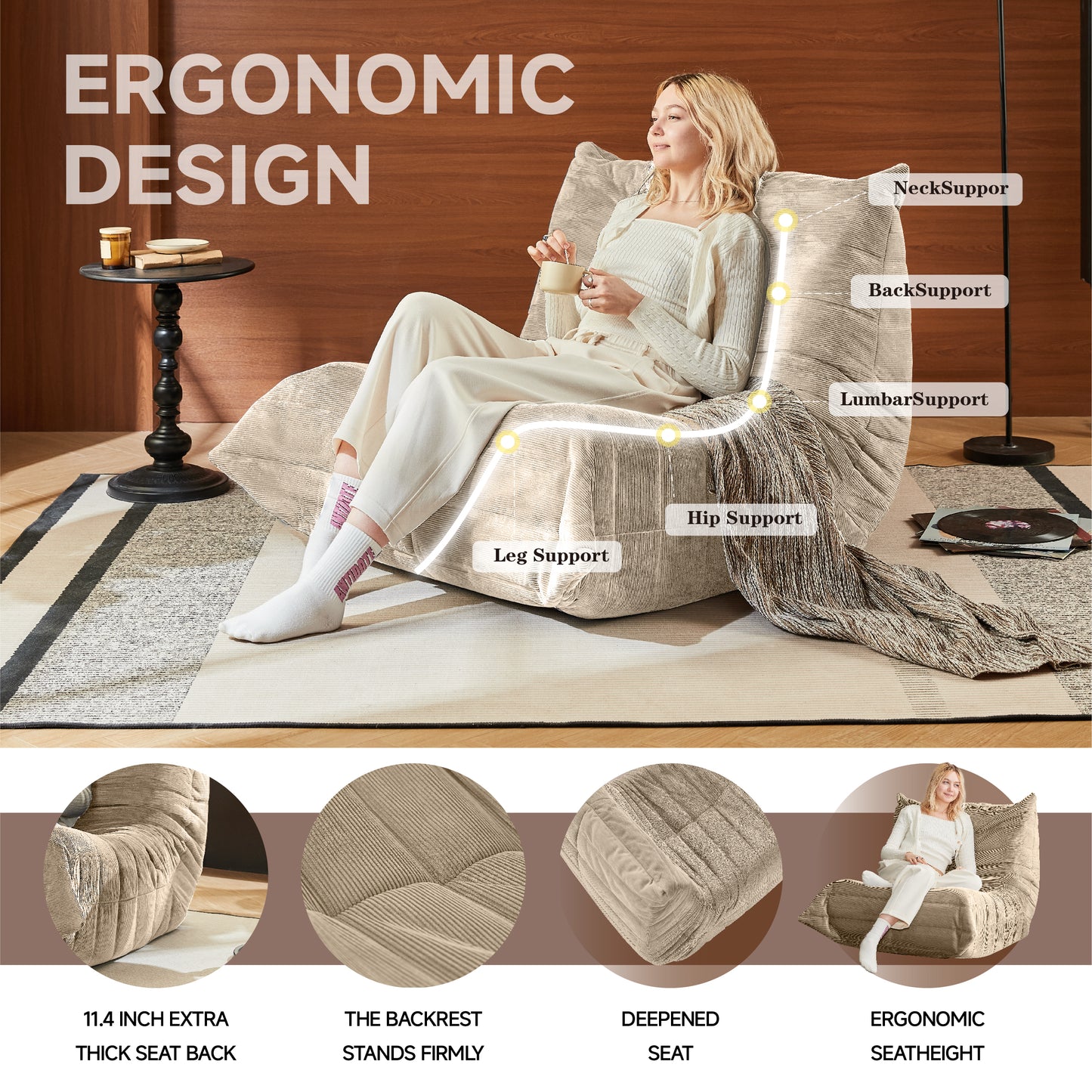 Bean Bag Chairs for Adults, BeanBag Reading Chair Memory Foam Couch, Floor Chair Soft Teddy Material, Comfy Reading Nook Chairs for Bedroom Living Room Office