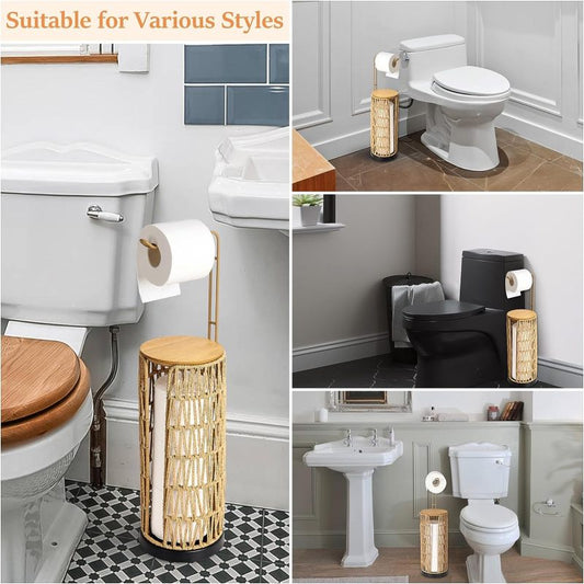 Boho Rattan Toilet Paper Holder Stand for Bathroom, 3-Roll
