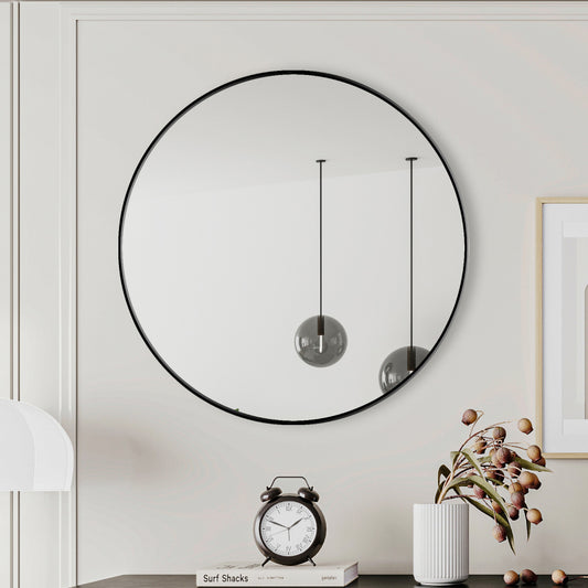 Sleek Round Wall Mirror for Bathroom Vanity 28” Black Metal