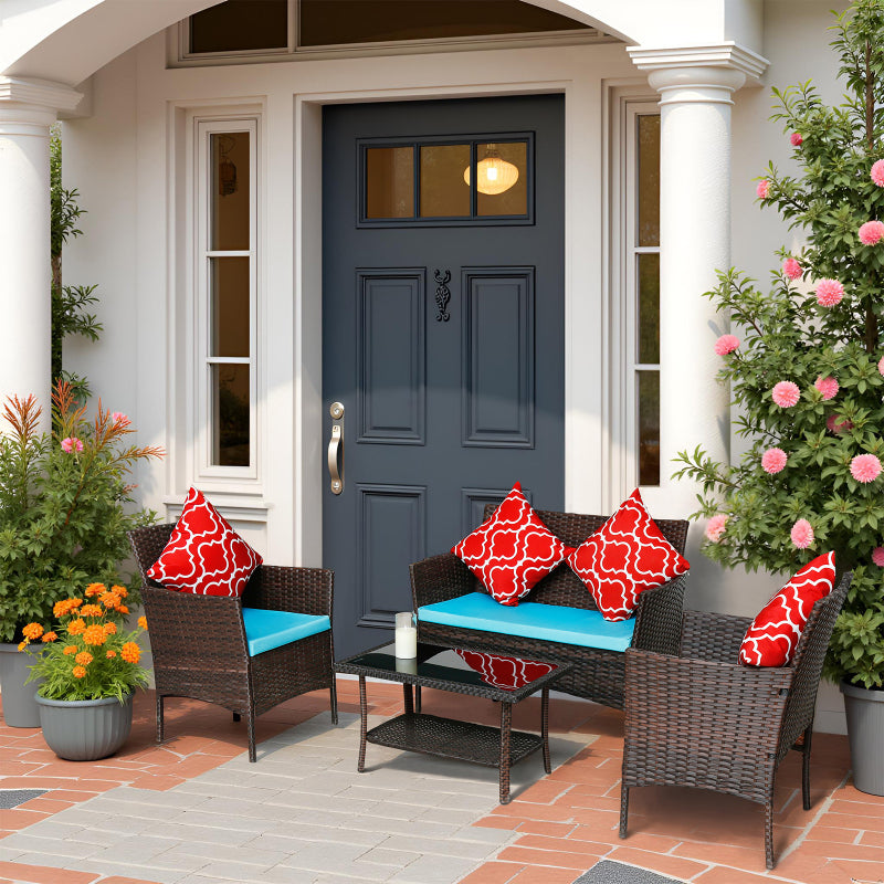 Modern Rattan 4-Piece Patio Sofa Set, Sapphire Blue Cushions
