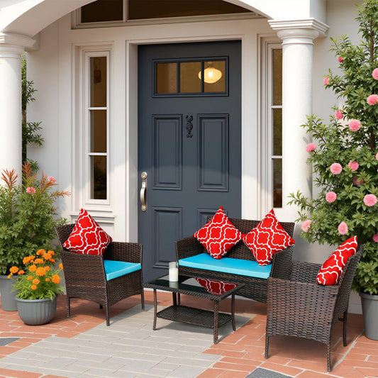 Modern Rattan 4-Piece Patio Sofa Set, Sapphire Blue Cushions